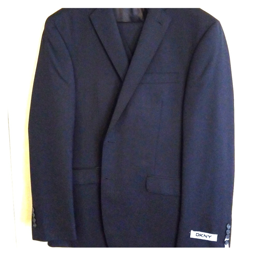 DKNY solid navy three piece slim fit suit
